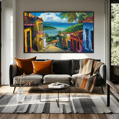 Old San Juan , Puerto Rico Wooden Frame canvas wall art shown in a living room
