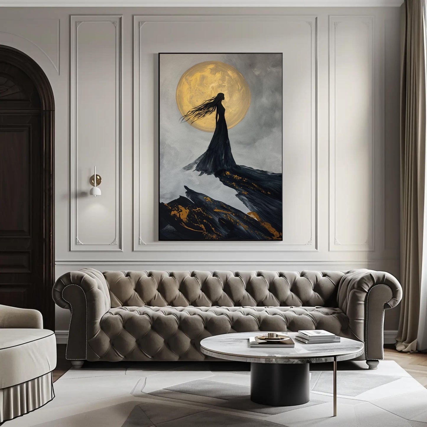 Nyx Goddess canvas wall art shown in a living room