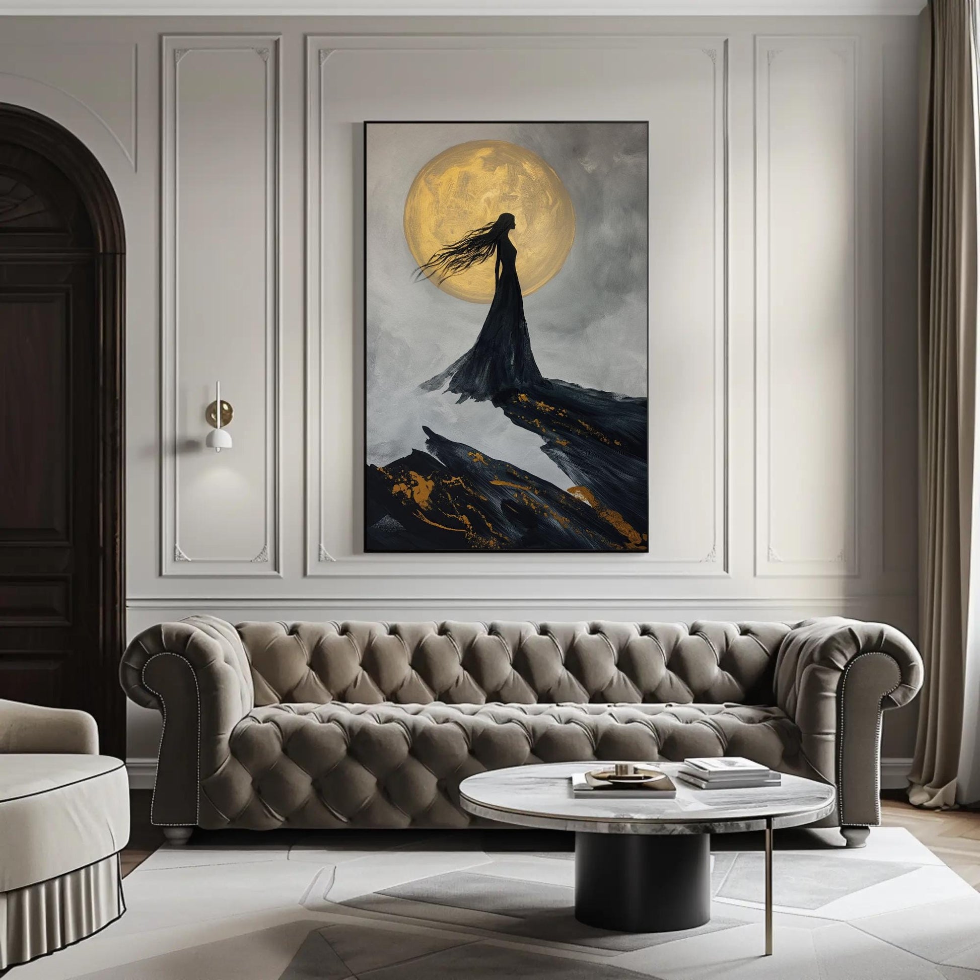Nyx Goddess canvas wall art shown in a living room