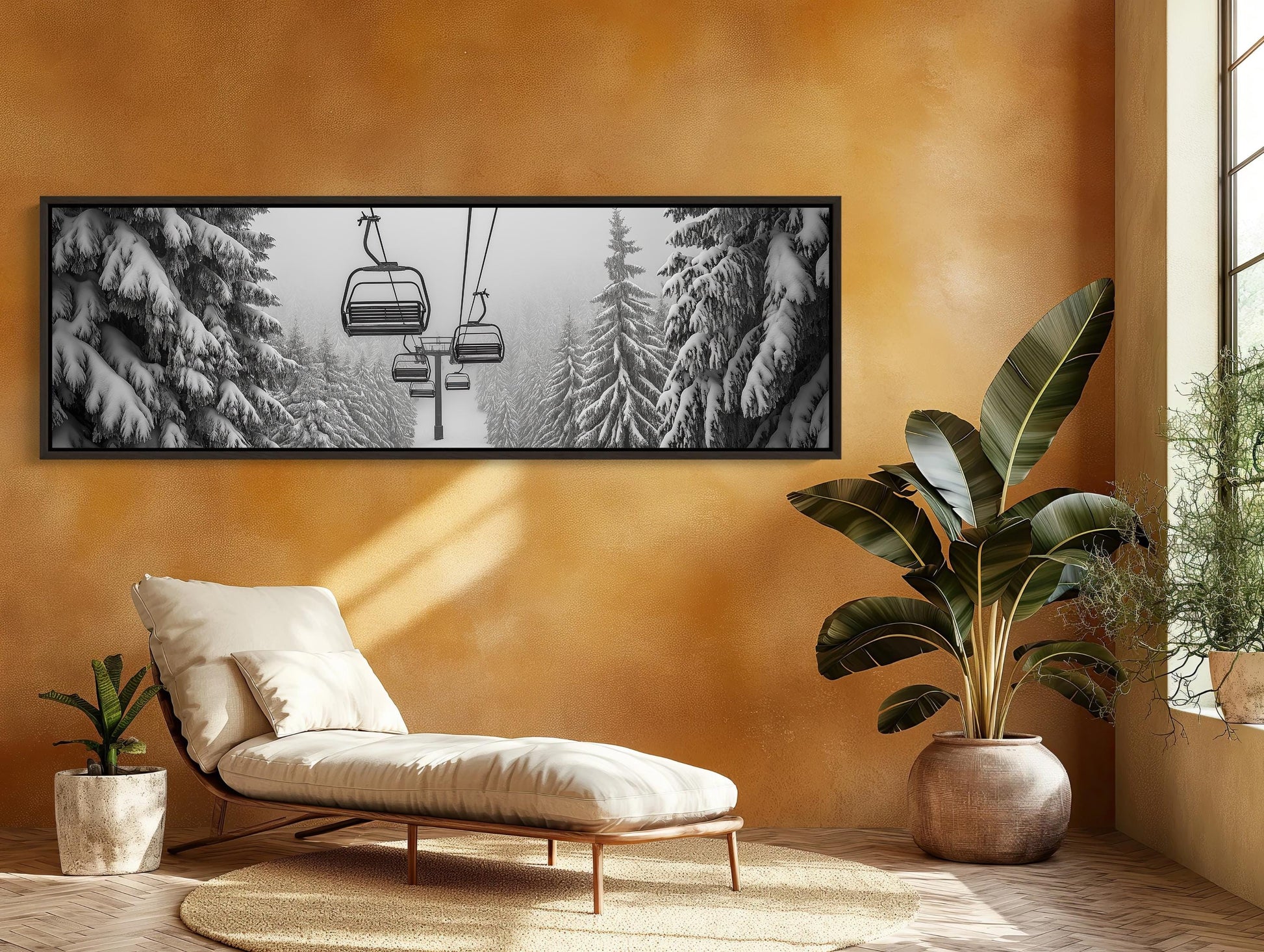 Ski Lift , Panoramic Winter Mountain canvas wall art shown in a living room (view 3)
