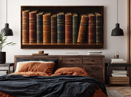 a bedroom with a large wooden bookshelf filled with various books, creating a cozy and intellectual atmosphere.