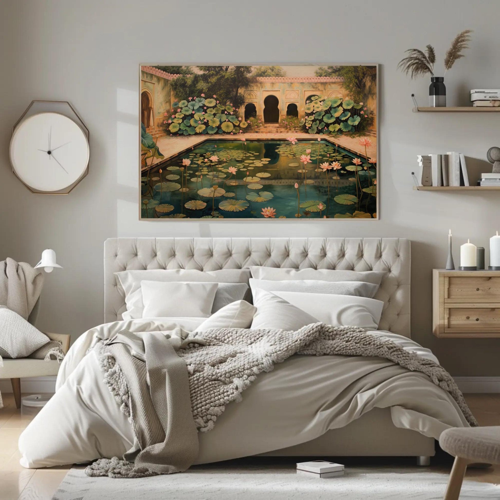 Mughal Lotus Pond , Traditional Indian canvas wall art in green tones