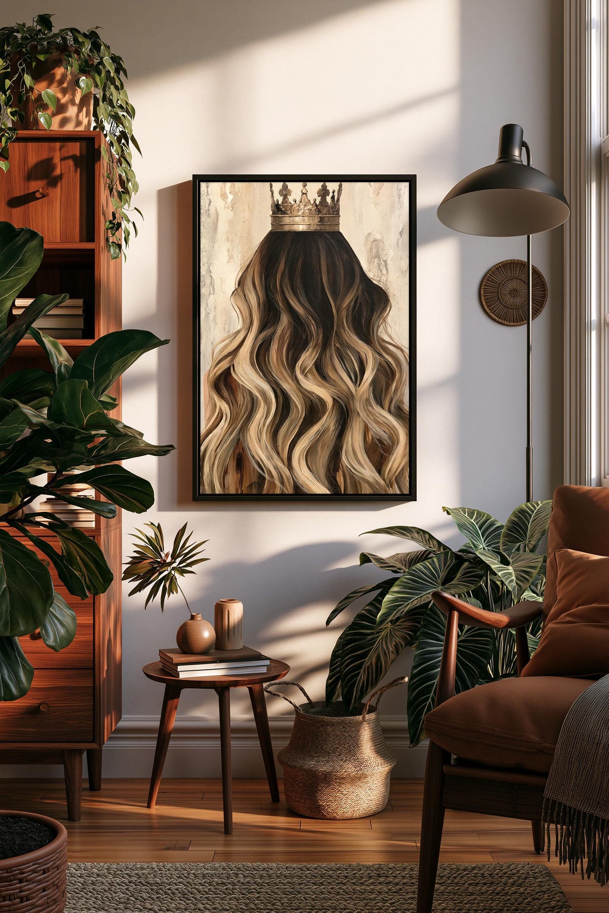 a cozy living room with a large framed painting of a woman's long, wavy hair as the focal point. The room is adorned with various plants, a wooden bookshelf, and a comfortable armchair, creating a warm and inviting atmosphere.