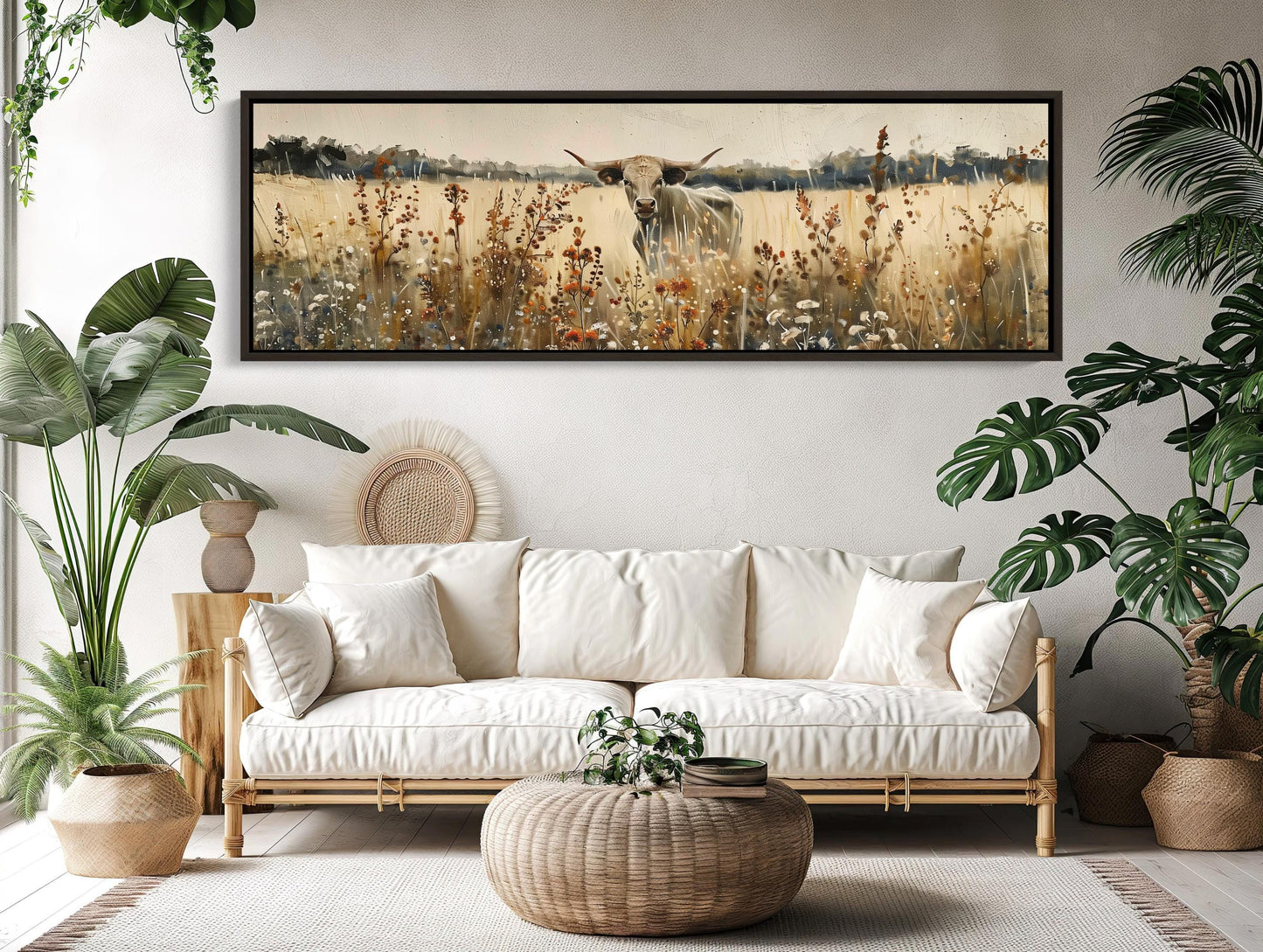 Texas Longhorn Cow canvas wall art shown in a living room