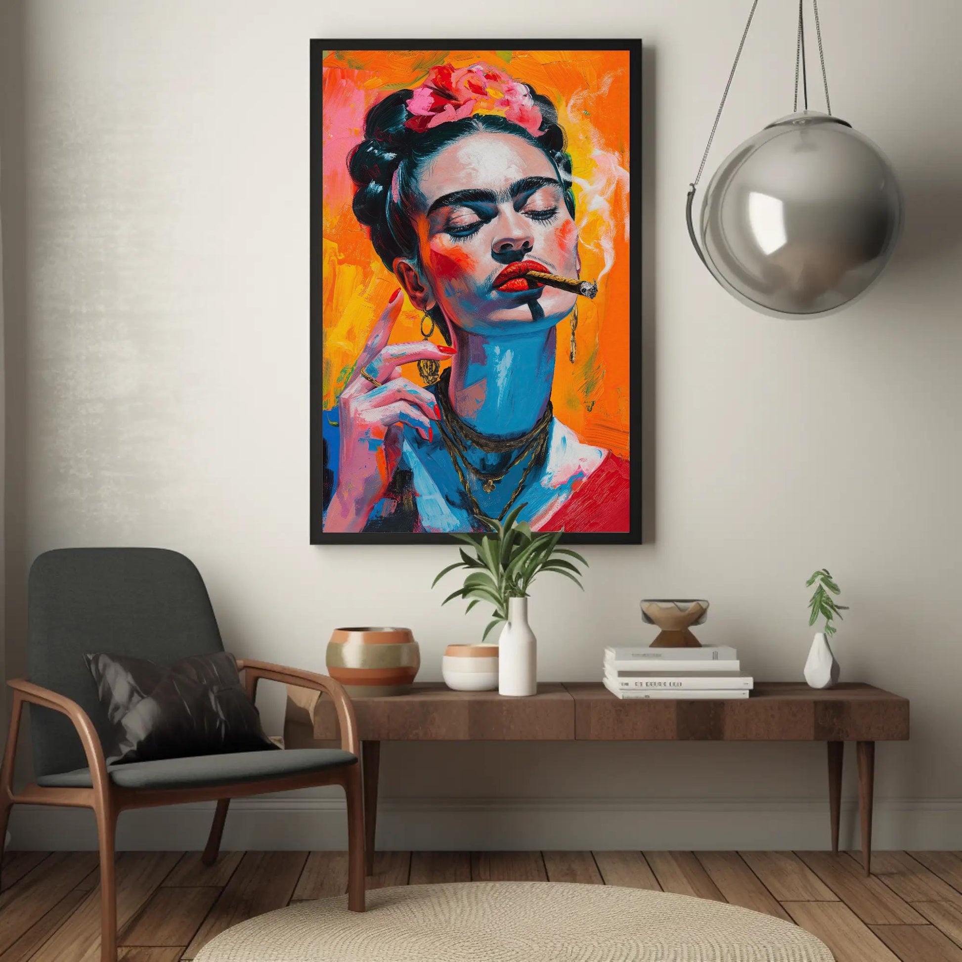 Frida Kahlo , Mexican Folk Art Wall canvas wall art shown in a styled room (view 2)