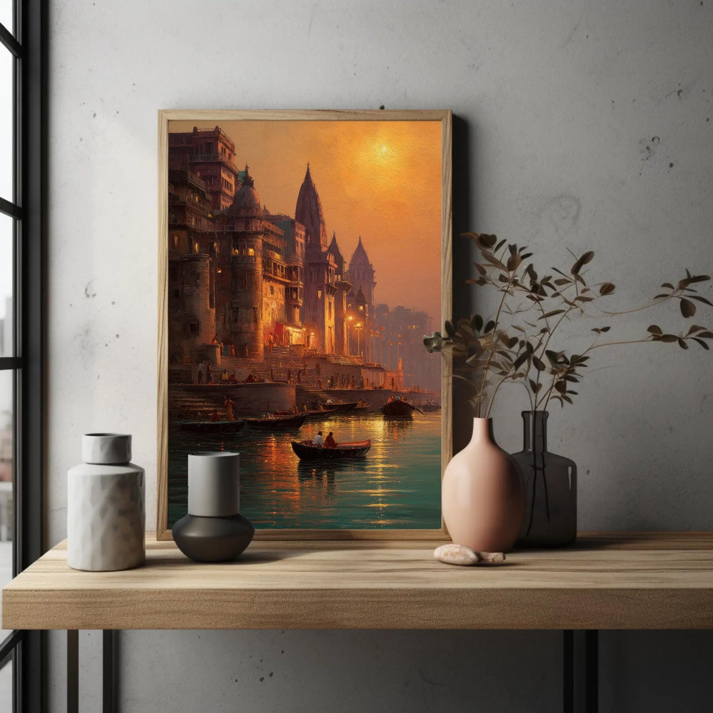 Varanasi Ghat canvas wall art in gold tones