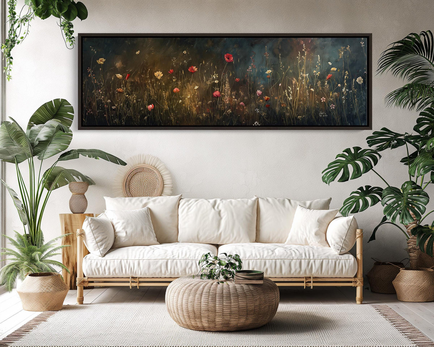 Wildflower Meadow , Dark Academia Panoramic canvas wall art shown in a living room (view 3)
