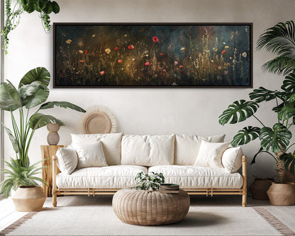Wildflower Meadow , Dark Academia Panoramic canvas wall art shown in a living room (view 3)