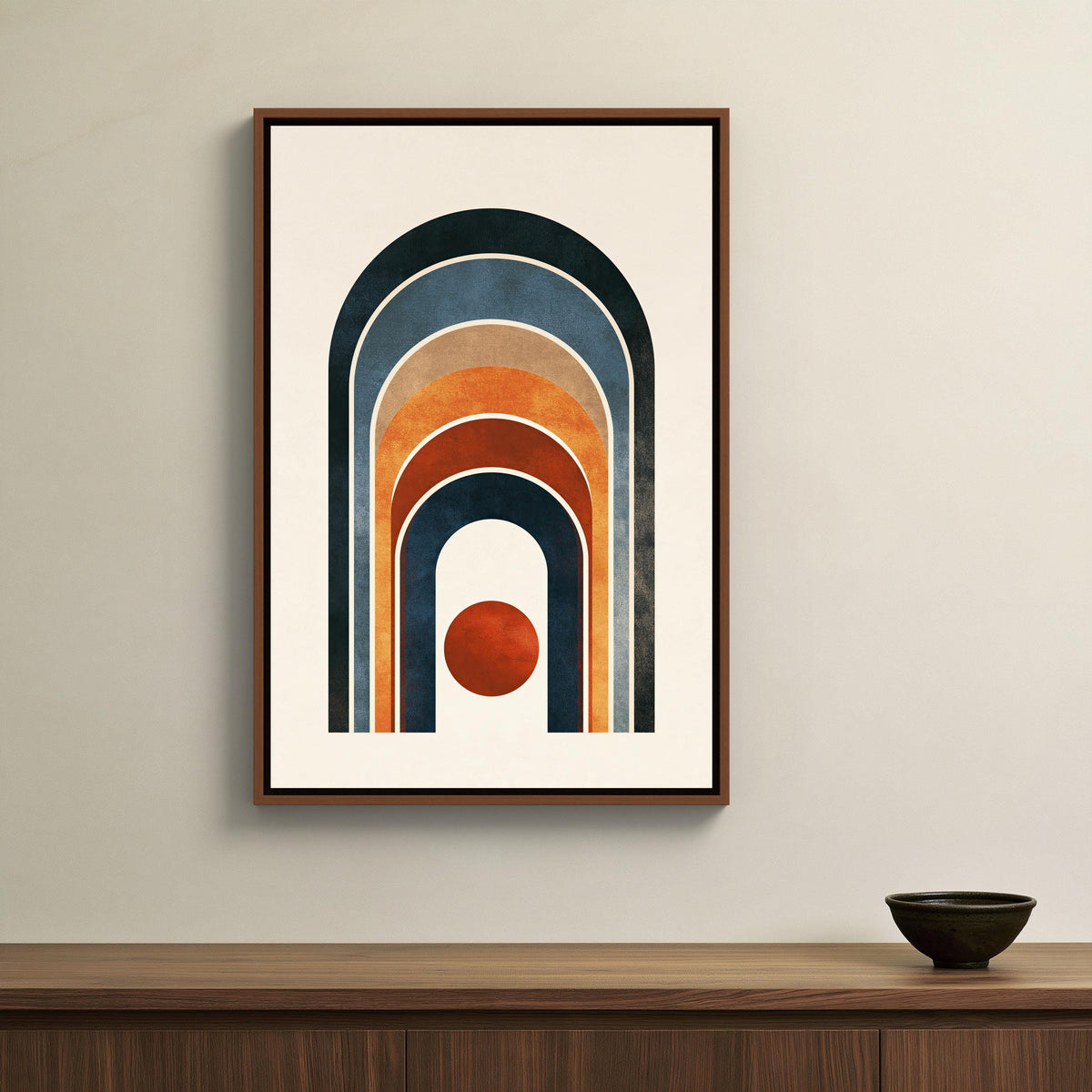 Boho mid century arch canvas wall art, navy, orange and rust rainbow arches around a red sun