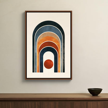 Boho mid century arch canvas wall art, navy, orange and rust rainbow arches around a red sun
