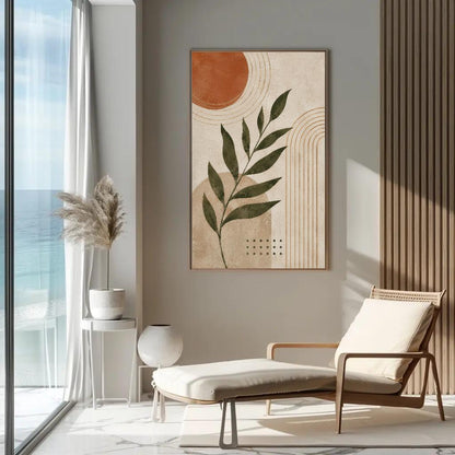 a modern living room with a large abstract painting of a leaf on the wall, a comfortable chair, and a potted plant.