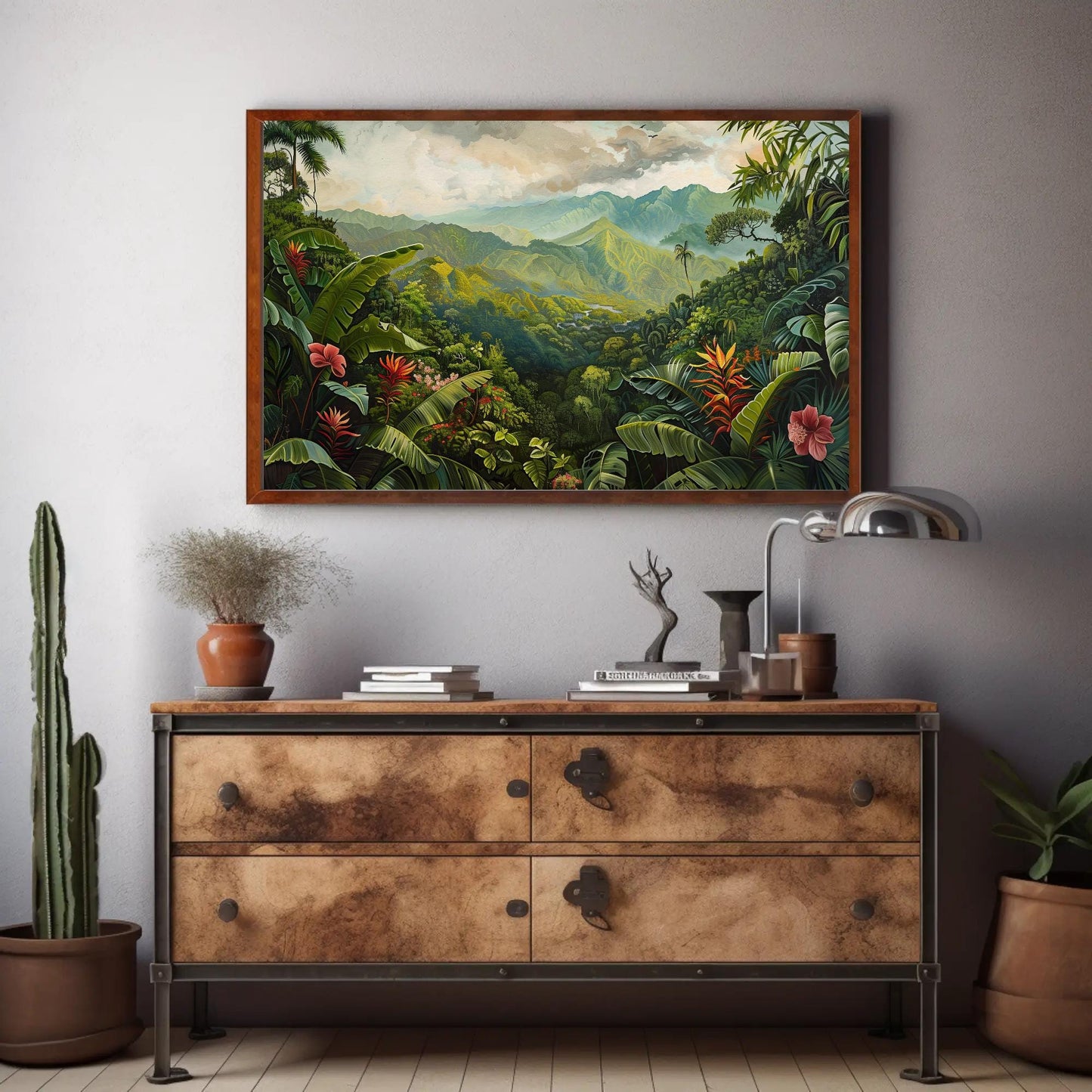 Costa Rica Tropical , Pura Vida Jungle canvas wall art shown in a styled room