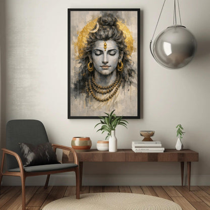 Meditating Lord Shiva canvas wall art, large framed painting of a Hindu deity with intricate details and a golden headdress
