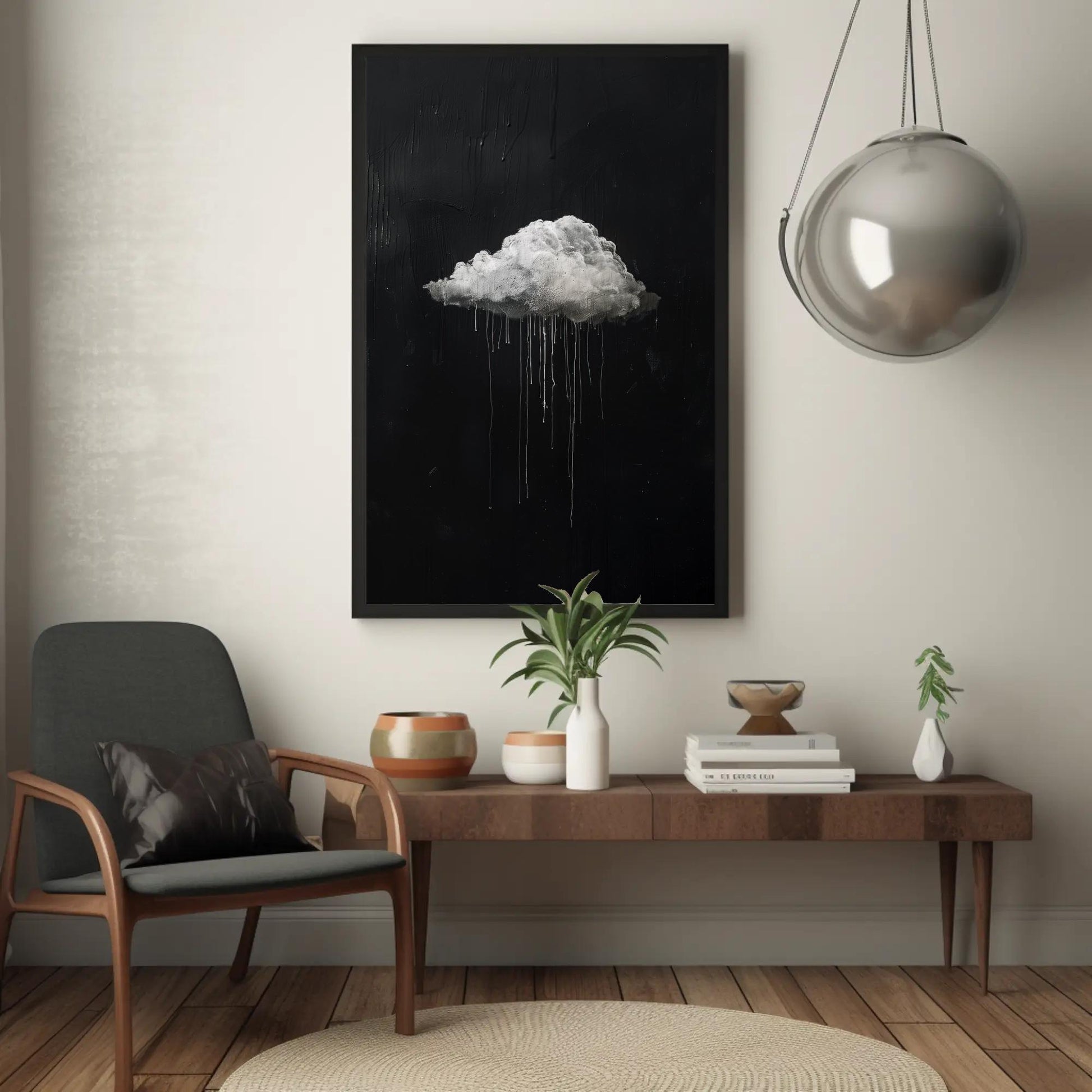 a living room with a chair and a painting on the wall