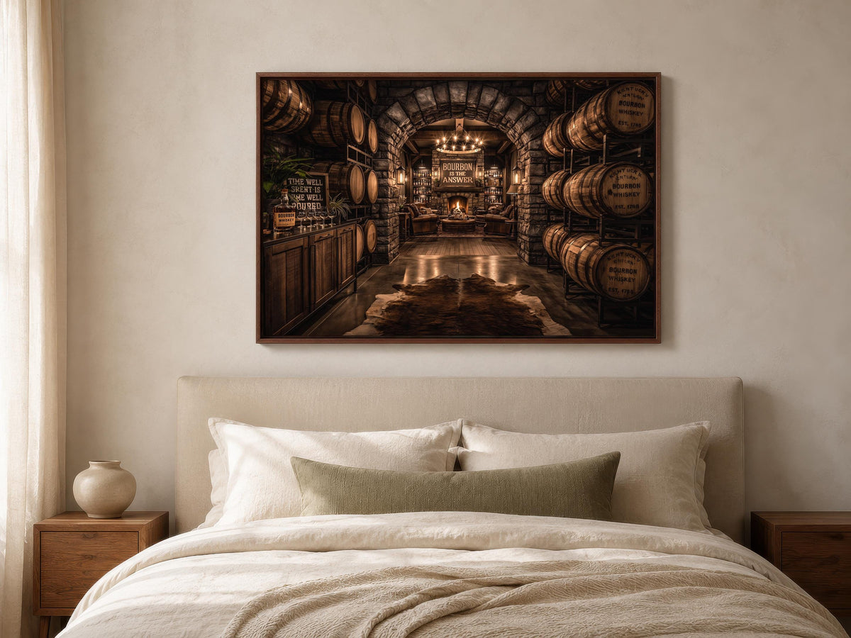 a cozy and rustic bedroom with a large bed, wooden nightstands, and a framed picture of a wine cellar above the bed.