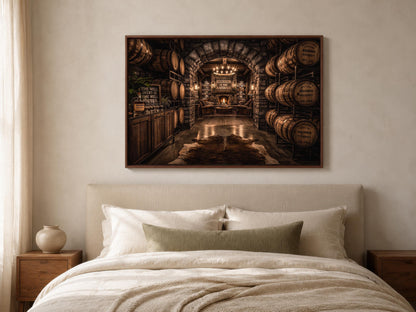 a cozy and rustic bedroom with a large bed, wooden nightstands, and a framed picture of a wine cellar above the bed.