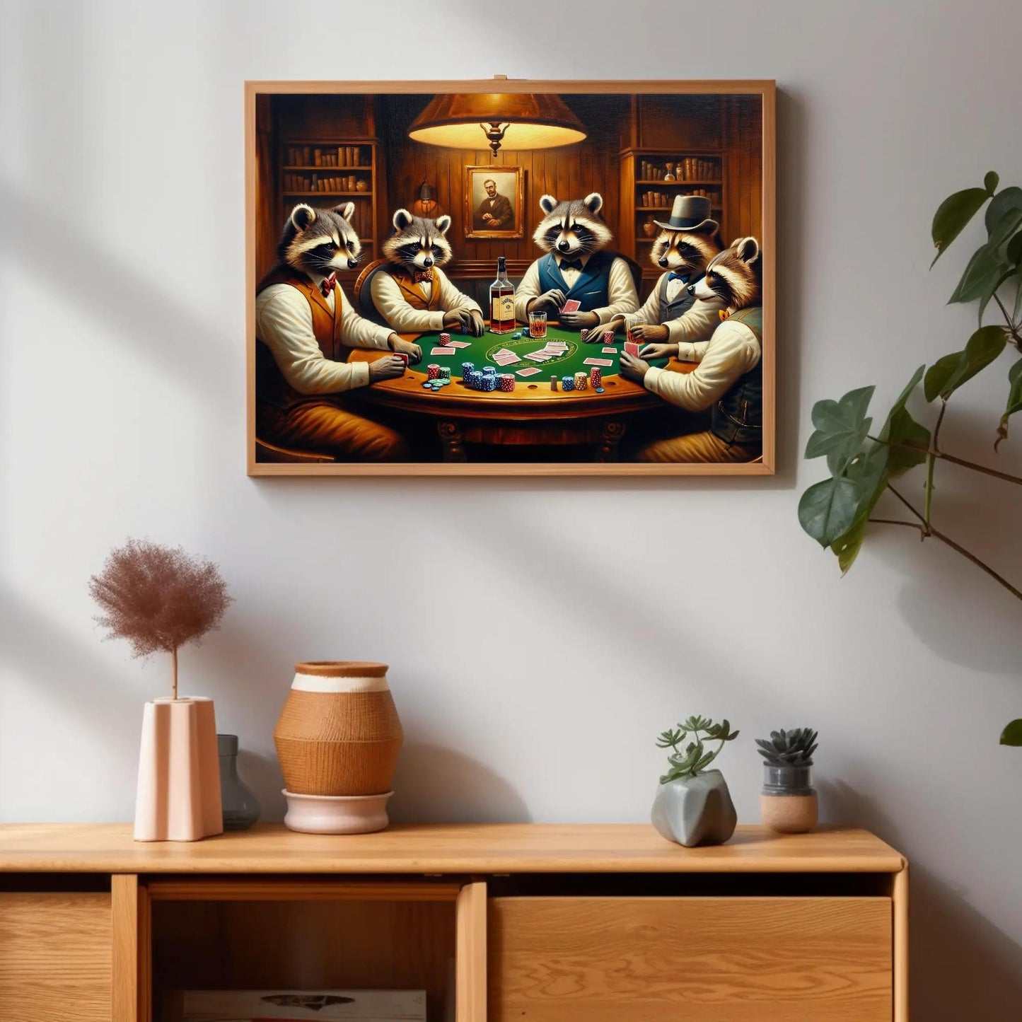 Raccoons Playing Poker canvas wall art in gold tones (view 2)