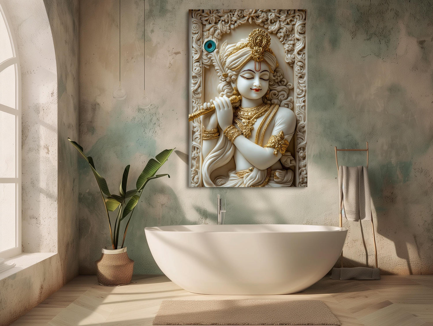 Krishna 3D Illusion canvas wall art shown in a styled room