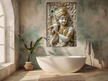 Krishna 3D Illusion canvas wall art shown in a styled room