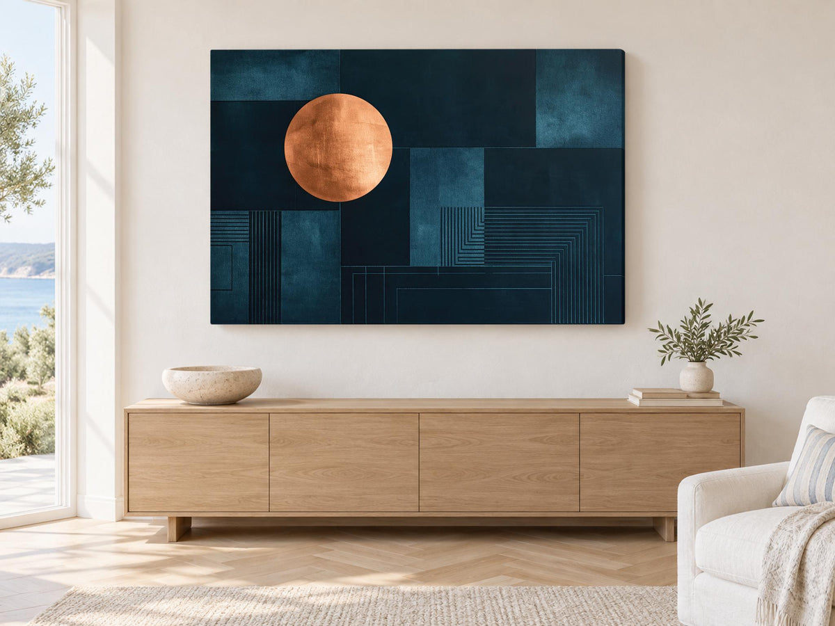 a modern living room with a large abstract painting hanging on the wall above a wooden entertainment center. The painting has a dark blue background with a large orange circle in the center. The entertainment center has a wooden top and is situated next to a white armchair. A potted plant is placed on the entertainment center, and a bookshelf is visible in the background.