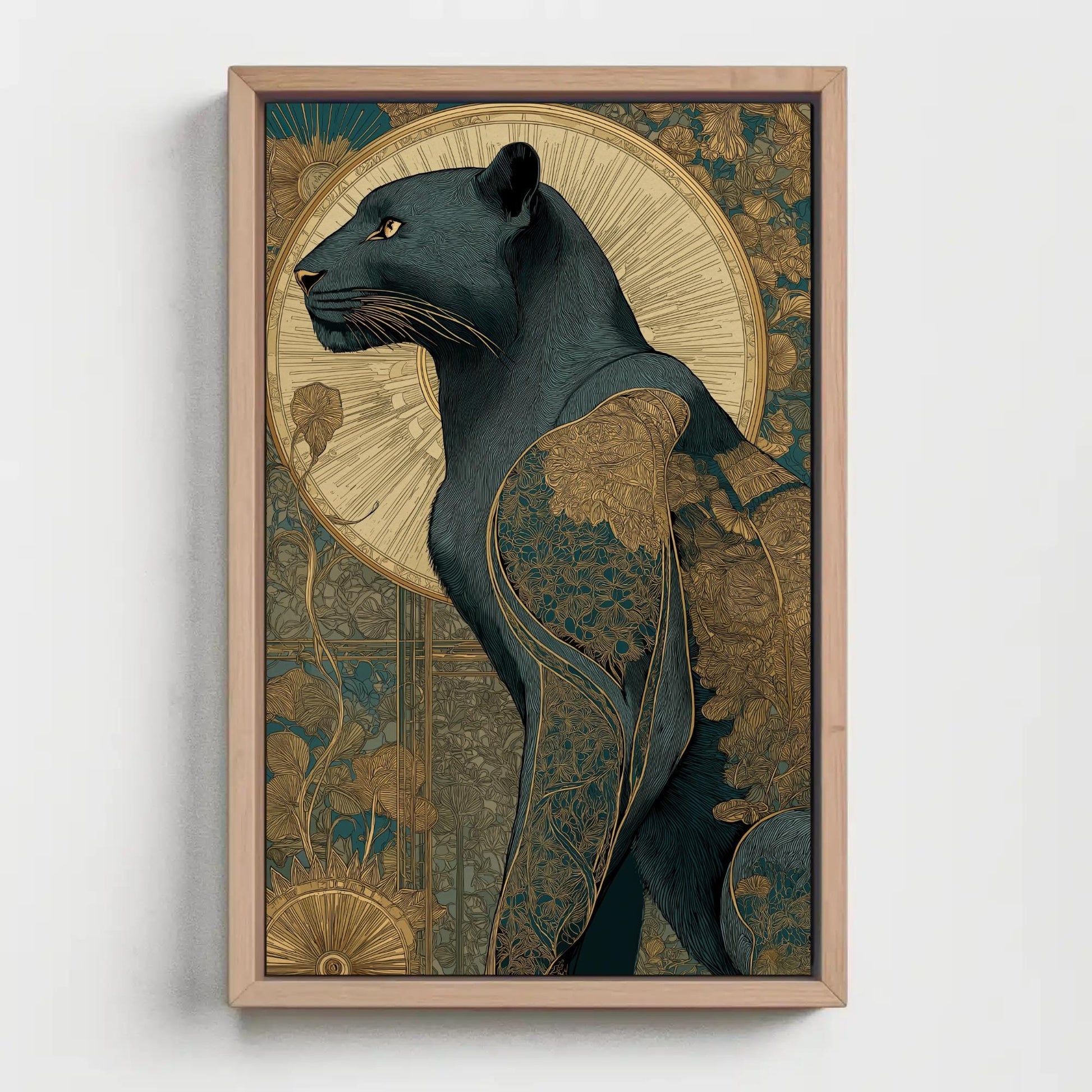 Art Deco Panther , Gold Geometric canvas wall art shown in a styled room
