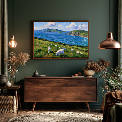 a large painting of a pastoral scene with sheep grazing in a grassy field, set against a backdrop of a blue sky and mountains. The painting is hung on a green wall above a wooden dresser, which has a vase of flowers and a potted plant on it. The room has a cozy and rustic atmosphere, with a rug on the floor and a lamp hanging from the ceiling.