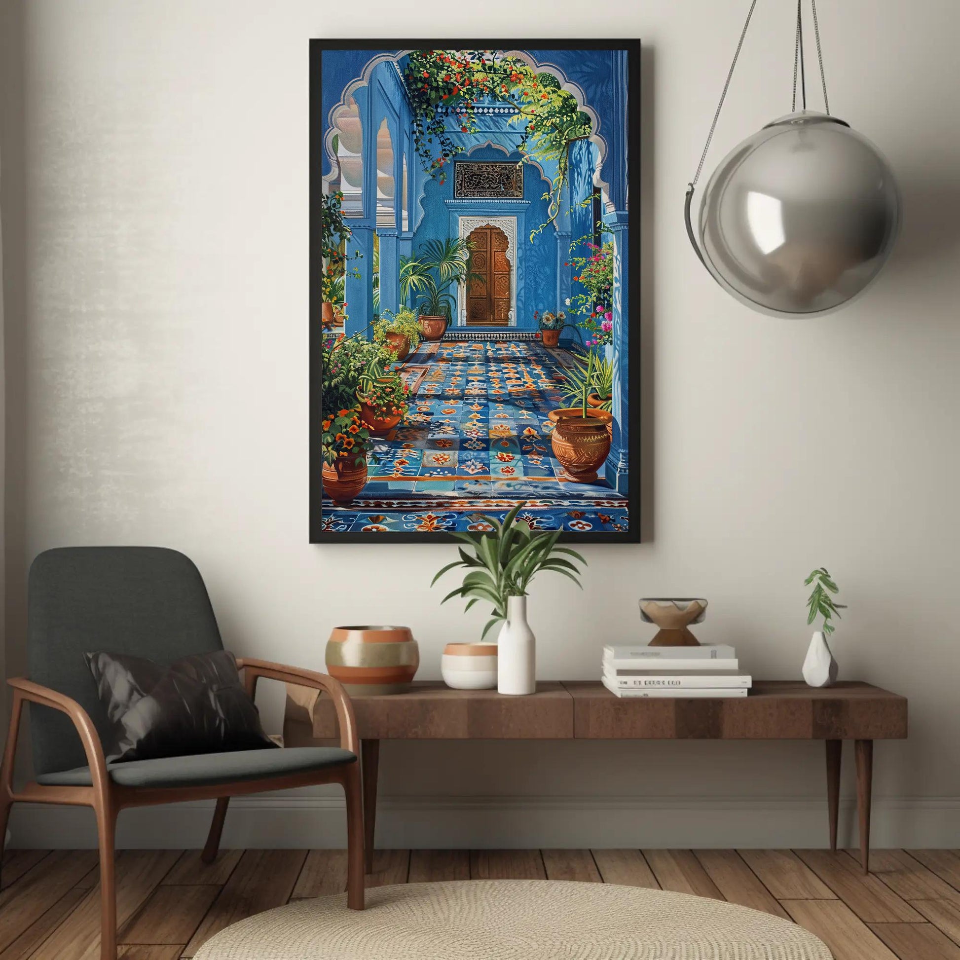 Blue Indian Palace , Jodhpur canvas wall art shown in a styled interior