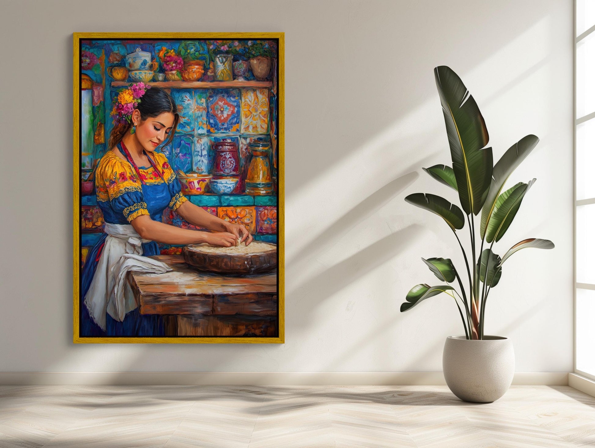 Mexican Kitchen , Abuela Tortilla canvas wall art shown in a kitchen (view 3)