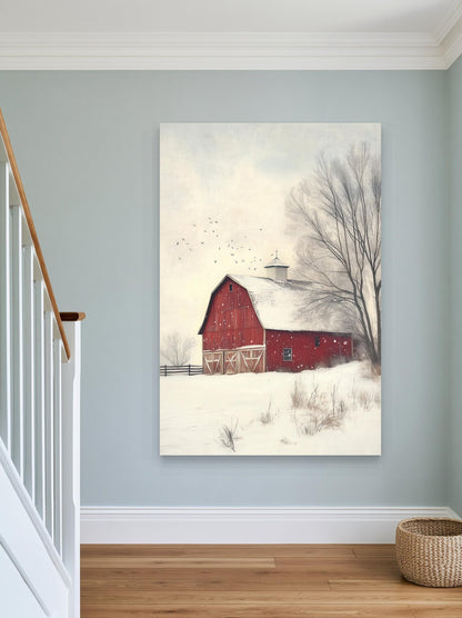 Red barn in winter snow canvas wall art, red barn with a snowy landscape in the background, featuring a staircase and a