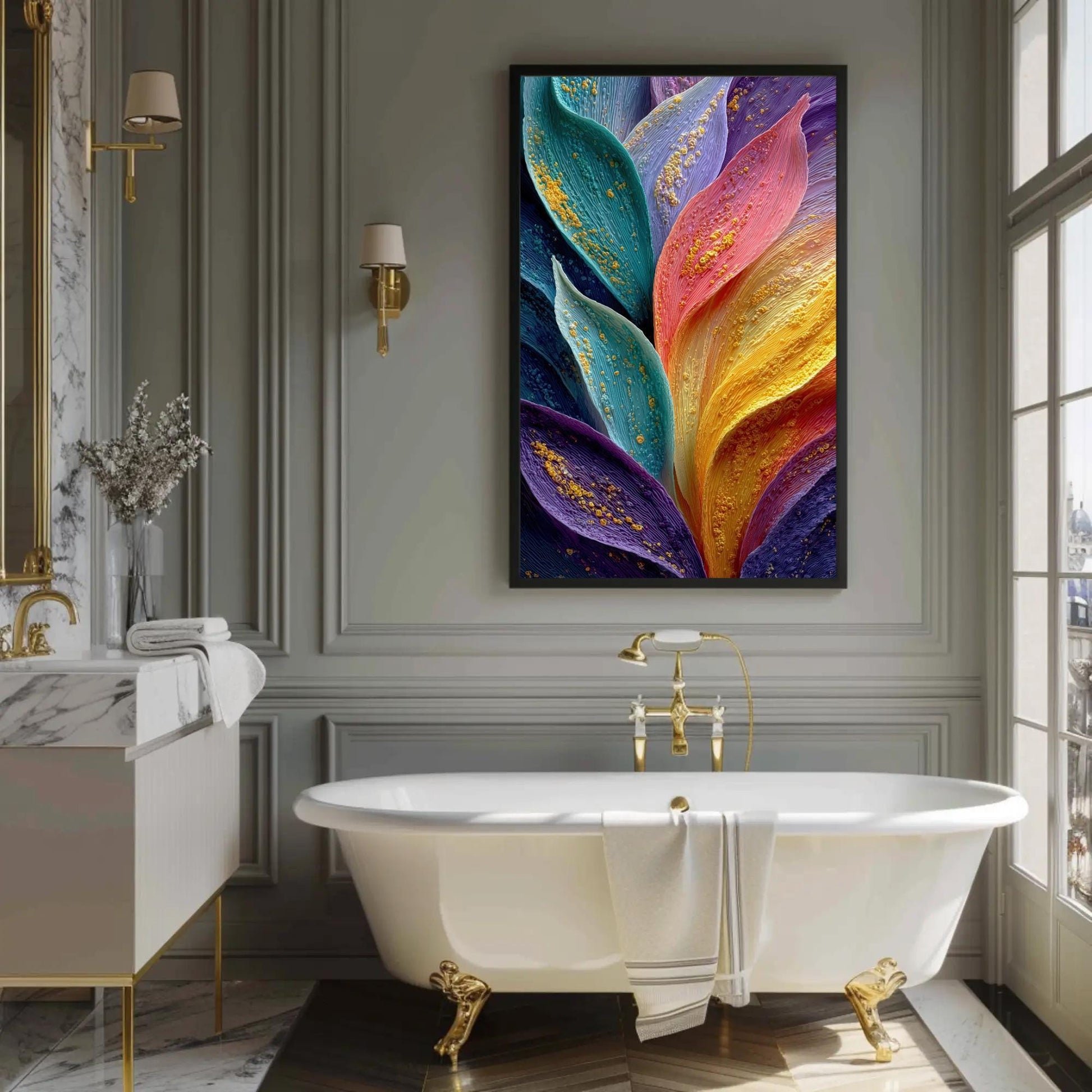 Rainbow Petals canvas wall art shown in a bathroom