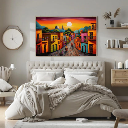 Oaxaca Mexican Village , Colorful Mexico folk art canvas wall art, ready to hang