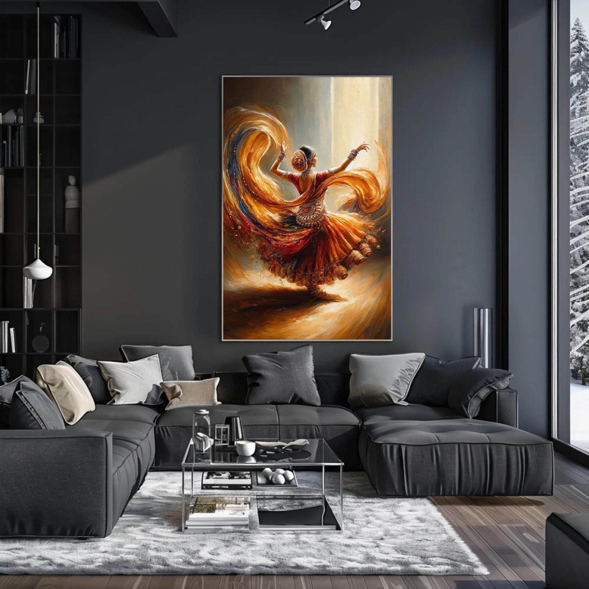 Indian Dancer Oil Painting canvas wall art shown in a living room (view 2)