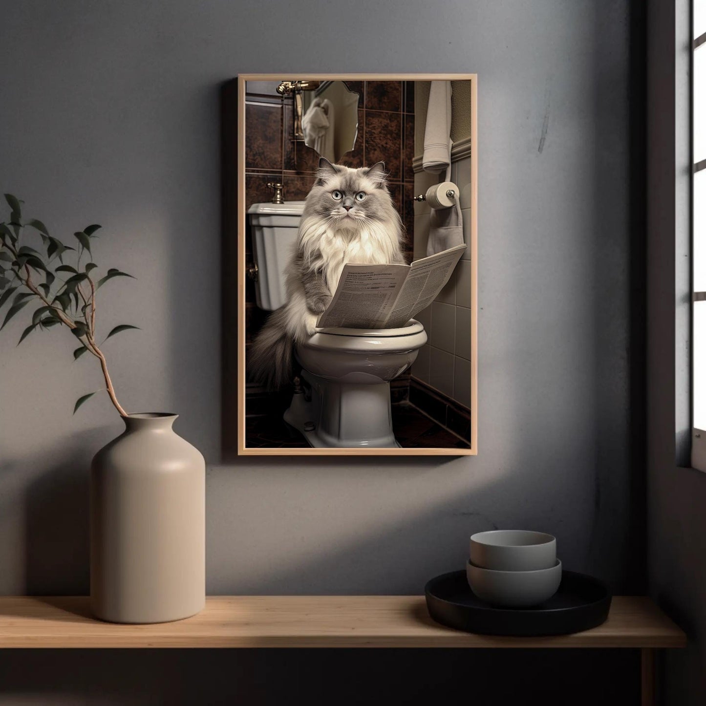Ragdoll Cat Toilet Art canvas wall art shown in a bathroom (view 2)