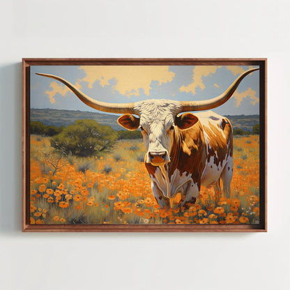 Texas Longhorn Canvas Print, Rustic Farmhouse Wall Art Decor