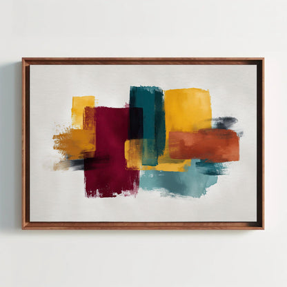 Abstract brushstroke canvas wall art, mustard, burgundy, teal and rust color blocks
