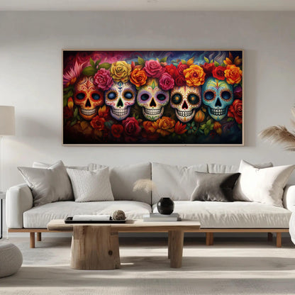 Dia De Los Muertos folk art canvas wall art, ready to hang