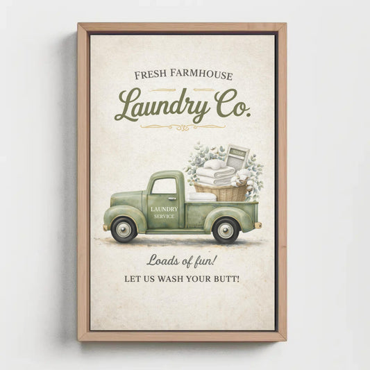 Laundry room canvas wall art, sage green vintage truck with towel basket and Laundry Co sign