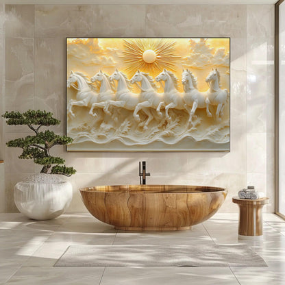 a large wooden bathtub in a modern bathroom, with a wooden stool nearby. Above the bathtub, there is a large painting depicting a group of white horses running across a landscape with a sun in the background.