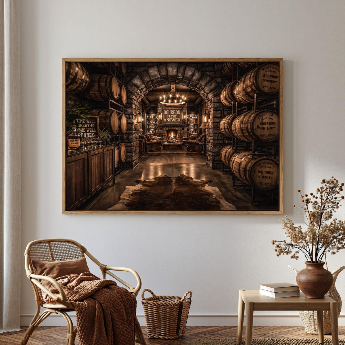 a cozy and rustic interior of a winery, with wooden barrels lining the walls and a fireplace in the center. The room is illuminated by warm lighting, creating a welcoming atmosphere. A wicker chair is positioned in front of the fireplace, and a wooden table with a vase of flowers is nearby. The overall scene conveys a sense of tranquility and relaxation, typical of a winery setting.