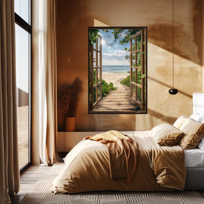 3D Faux Window Beach , Coastal Pathway canvas wall art shown in a bedroom