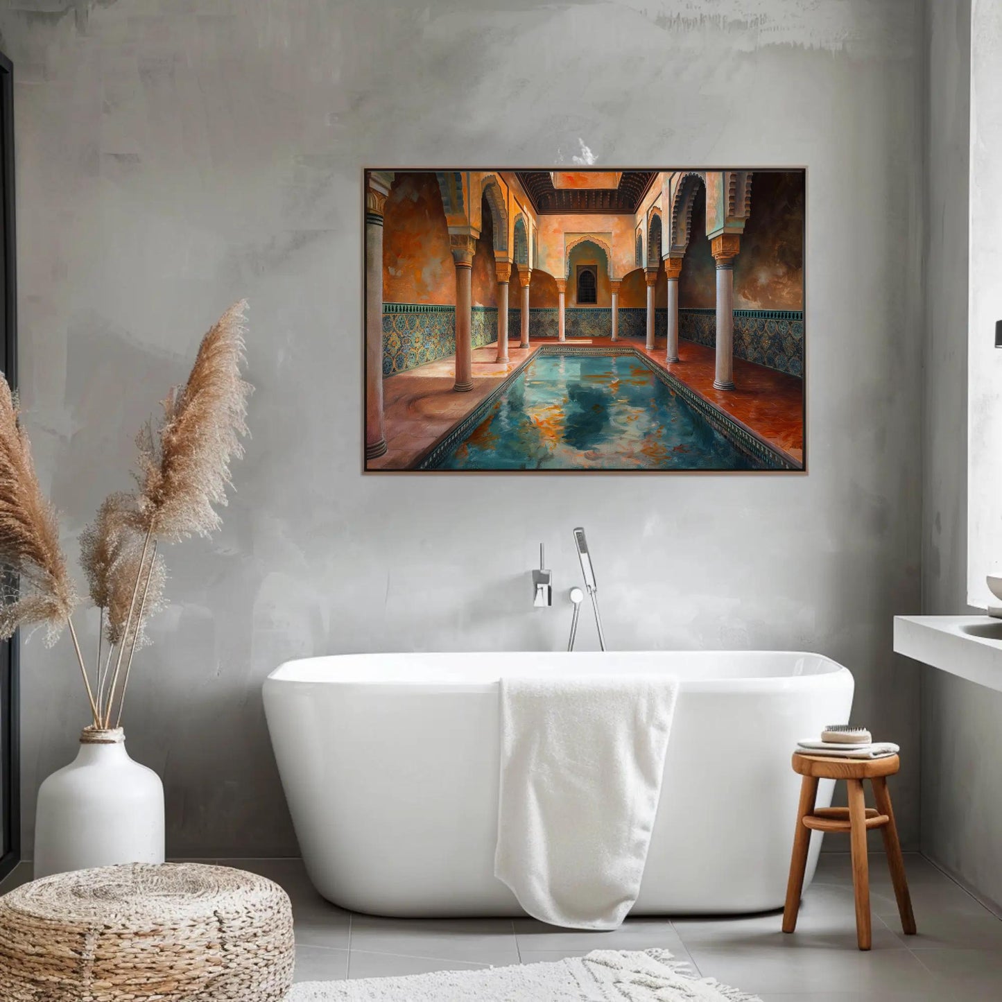 Moroccan Bath House canvas wall art shown in a styled interior
