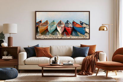 a living room with a large framed painting of colorful boats on the wall above a white sofa. The room has a wooden coffee table, a brown armchair, and a lamp on a side table.