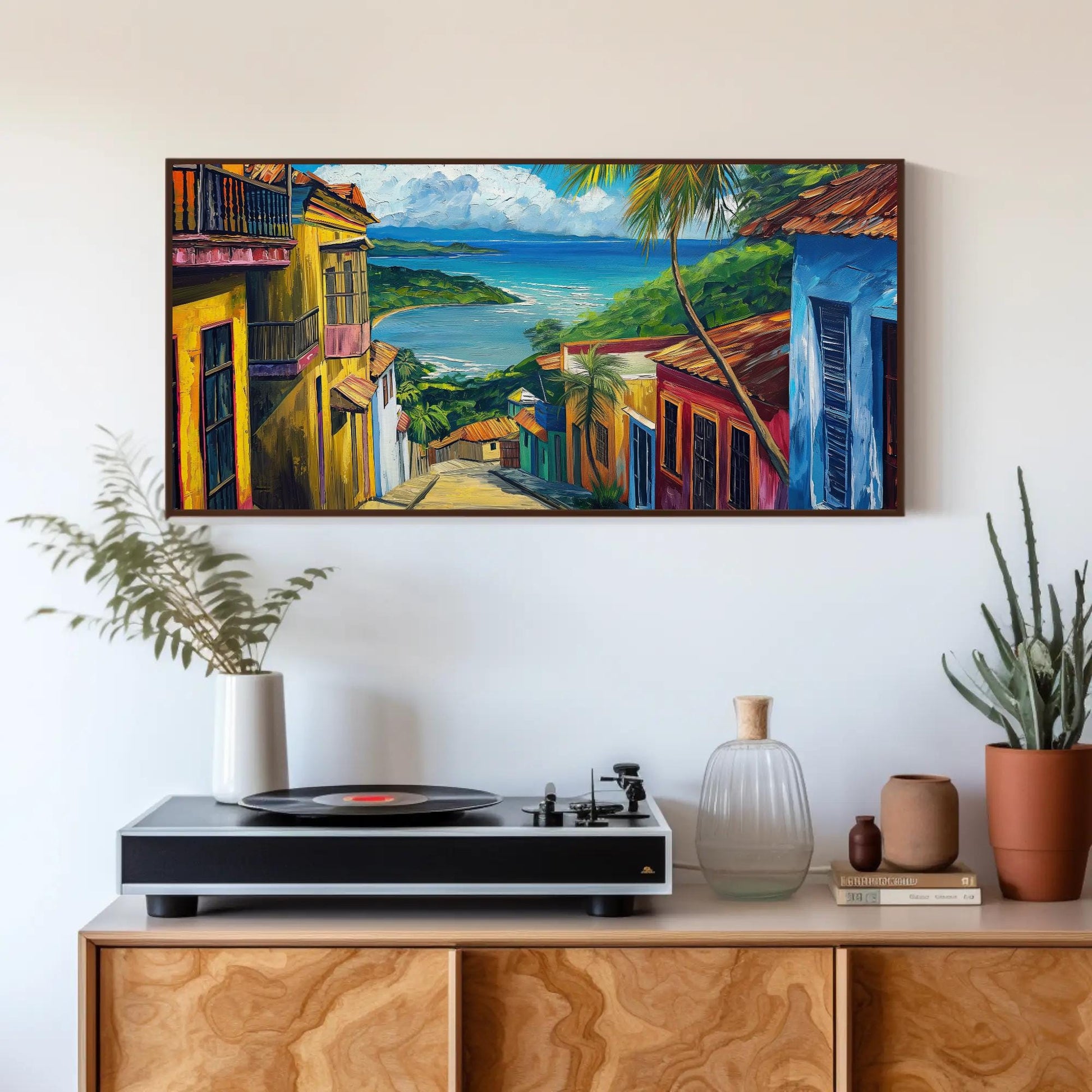 Old San Juan , Puerto Rico Wooden Frame canvas wall art shown in a styled room (view 3)