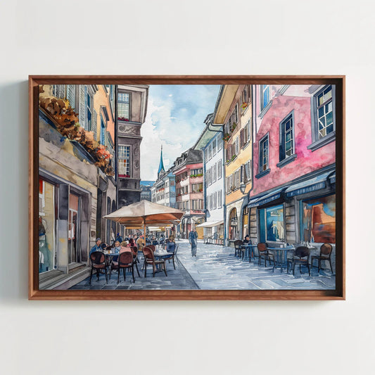 a painting of a city street with tables and chairs