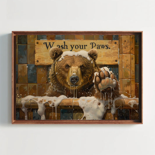 a painting of a bear with a sign that says wash your paws