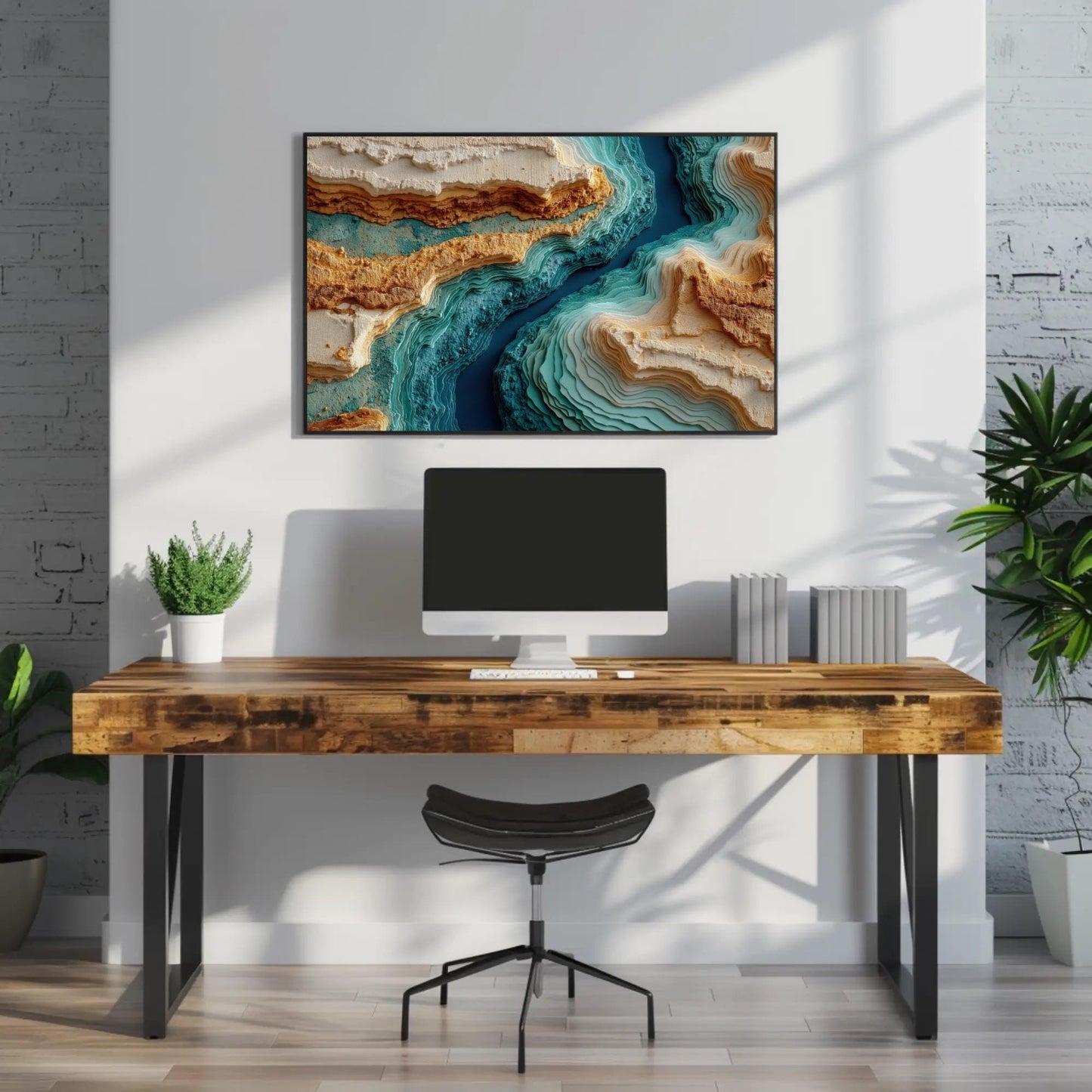 Abstract Topographic , Layered Canyon canvas wall art shown above a desk
