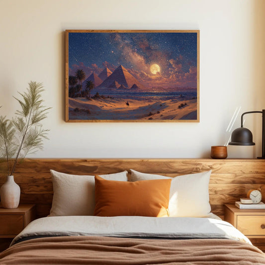 Pyramids under full moon canvas wall art, bedroom with a large painting of a desert landscape hanging on the wall above a