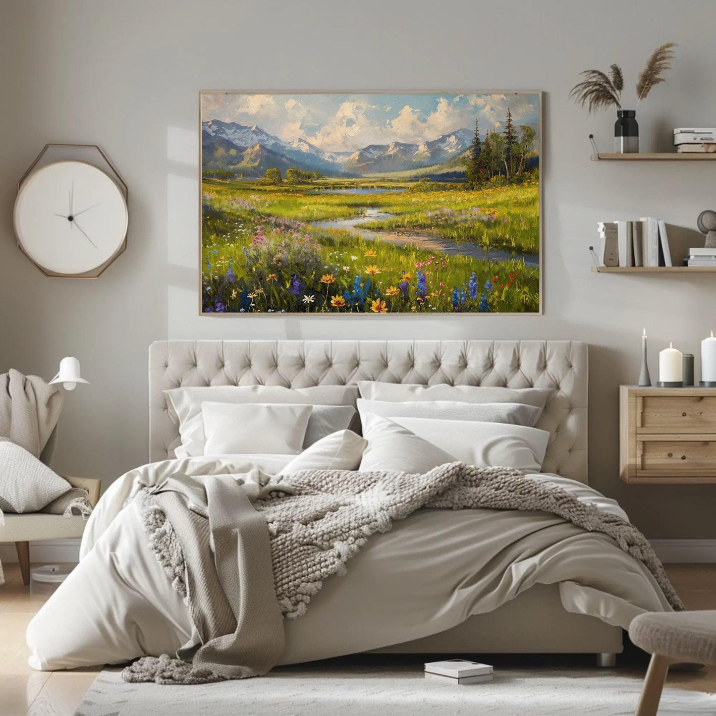 Vintage Mountain River Canvas Print, Meadow Field Wall Art