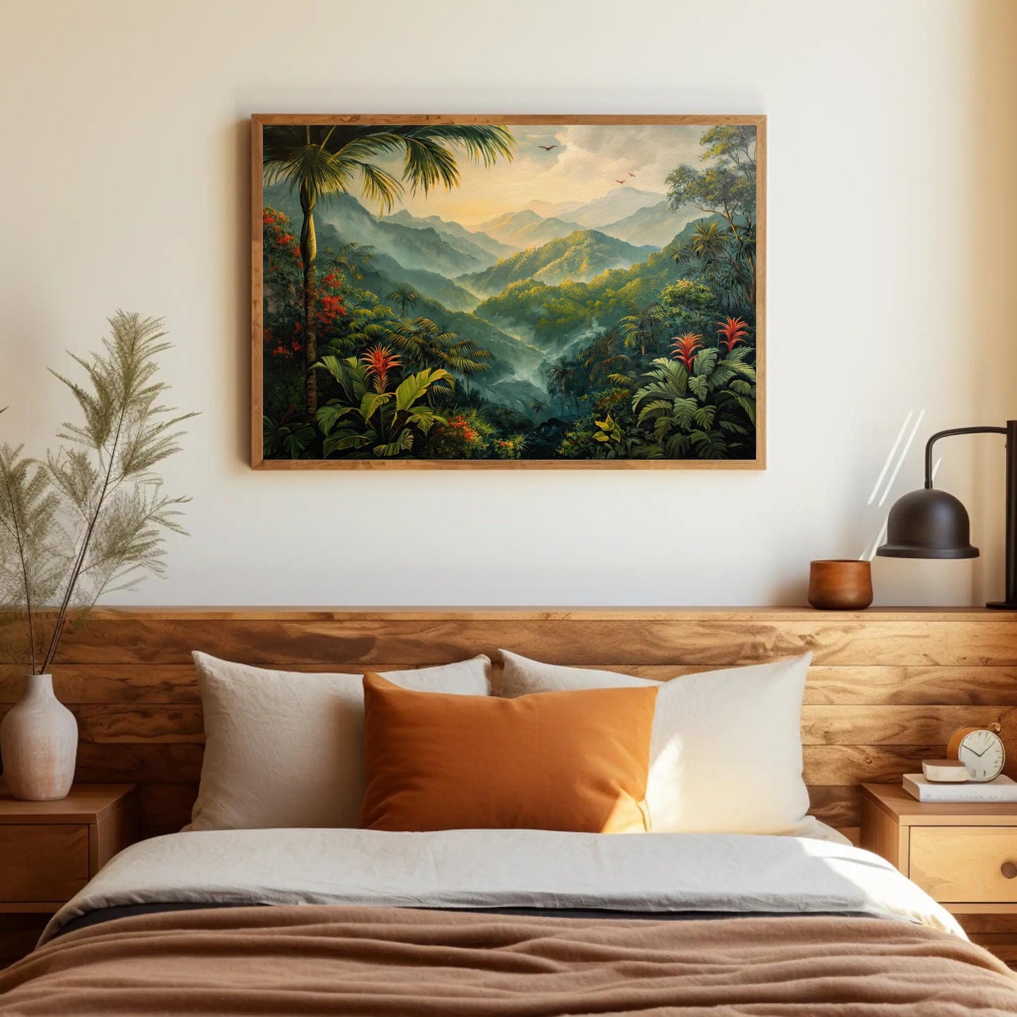 Rainforest , Misty Tropical Jungle canvas wall art shown in a bedroom