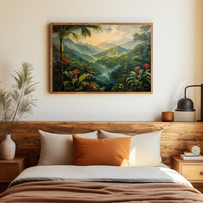 Rainforest , Misty Tropical Jungle canvas wall art shown in a bedroom
